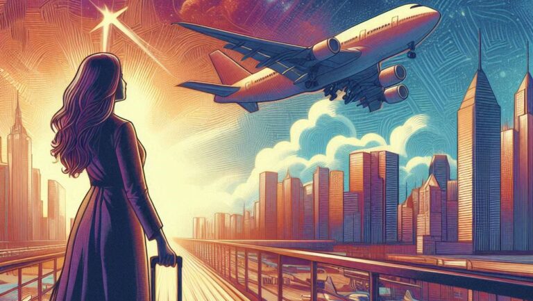 Mulher emocionada no aeroporto em sua primeira viagem de avião, representando a emoção e a realização do sonho de viajar de avião pela primeira vez