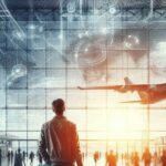 Arte digital de um viajante segurando seu cartão de embarque no aeroporto