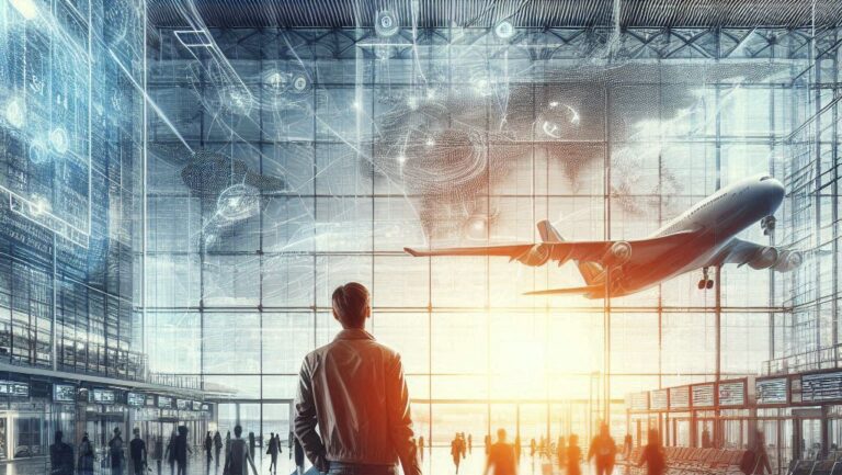 Viagem sem passaporte -Arte digital de um viajante segurando seu cartão de embarque no aeroporto